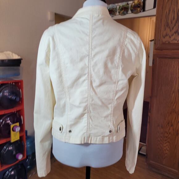 BB DAKOTA Womens Short Jacket Sz L Denim Cream Zippers 4 Pockets Fitted Grunge - Picture 8 of 10